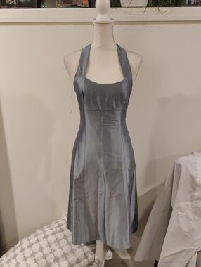 Vintage Aria Blue/Gray Halter Satin 100% Silk A-Line Halter Dress Y2K Cottagecor
